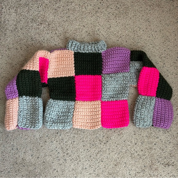 Multi Colored Crochet Pullover Sweater with Square Pattern High Neck Handmade - Picture 4 of 7